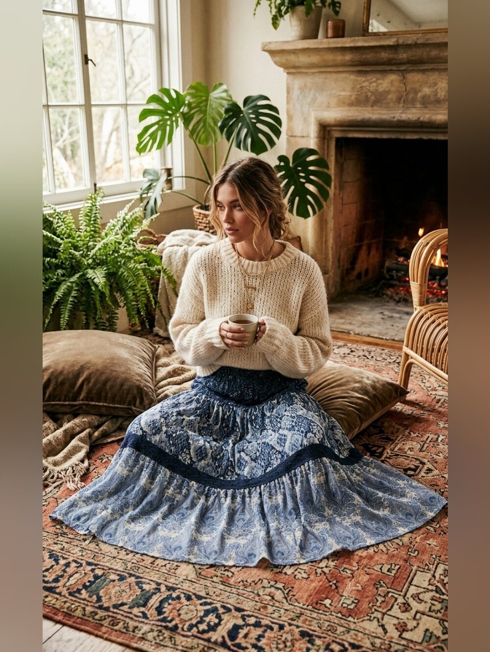 111. Boho Tiered Lined Skirt With Elastic Waist